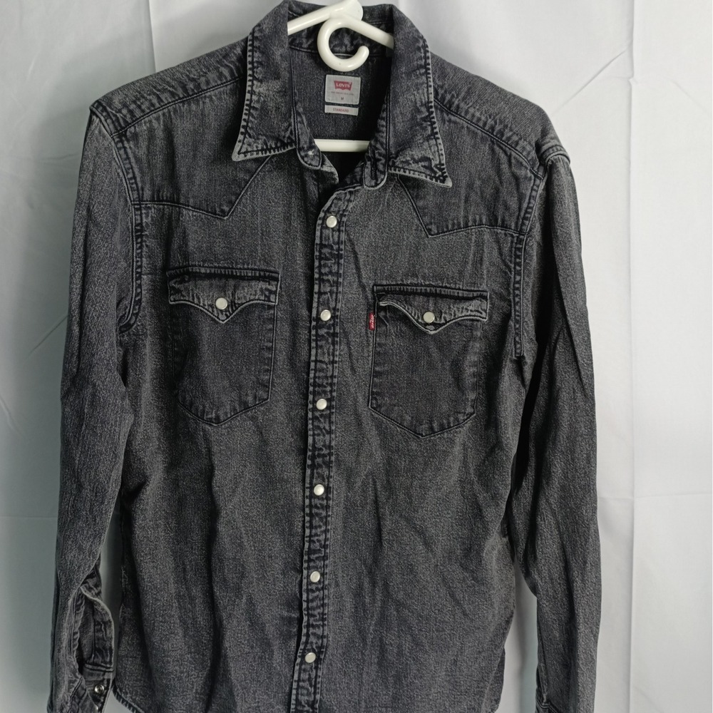 Levis Barstow Western Denim Shirt Mens Medium Faded Black Pearl Snap Long Sleeve
